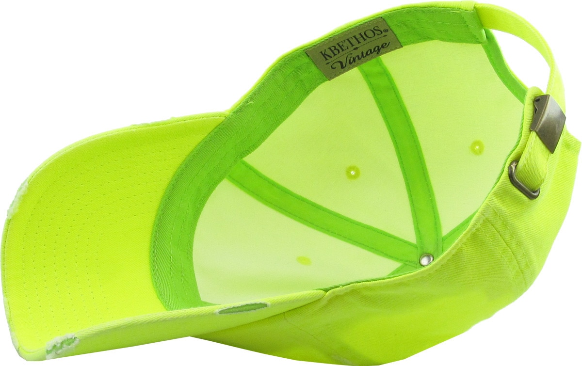 Neon Lime Distressed Vintage Baseball Cap Inside Turned Over View